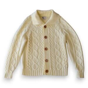 Vintage Cream Fisherman Cable Knit Cardigan Sweater L Acrylic